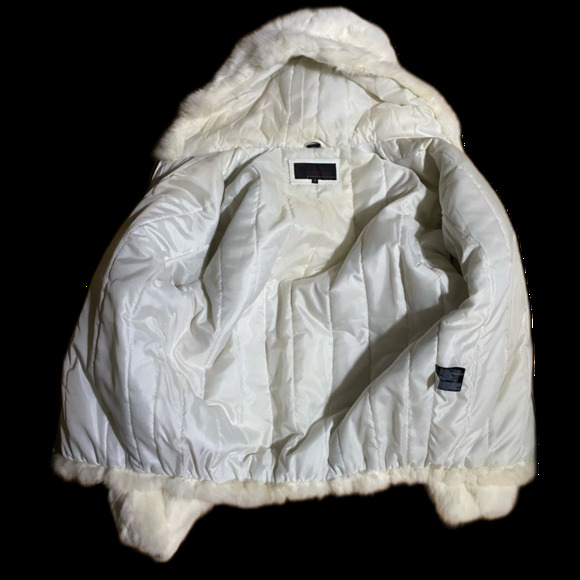 Phase Two White Rabbit Fur Jacket Leather Trim  Size Medium Womens Winter Coat - Picture 3 of 14
